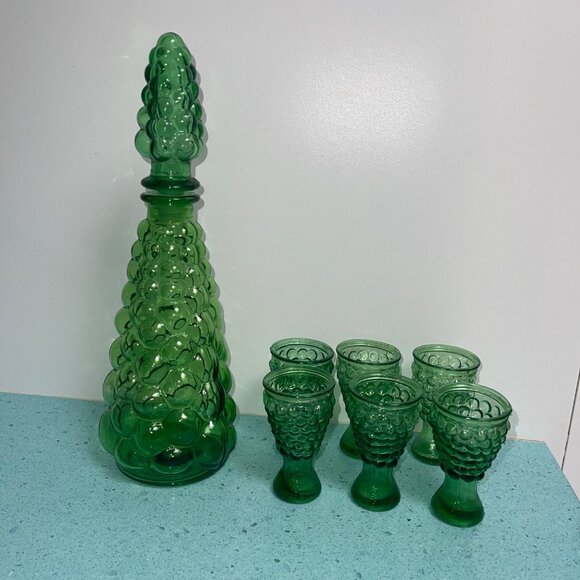 MCM Glasses Green Bubble Genie Bottle Decanter With Cordial Set of 6 - Picture 4 of 10